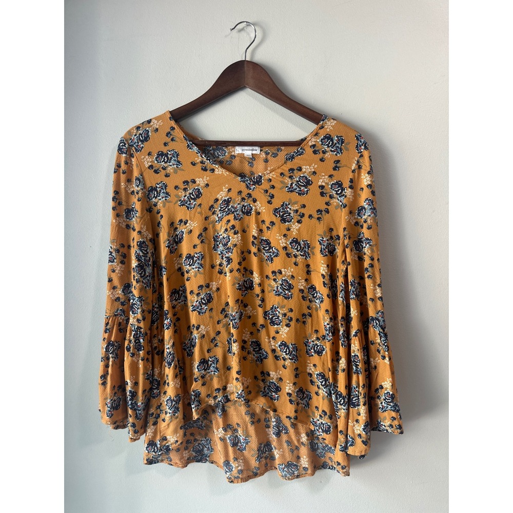 Mustard Floral Boho Blouse Large Flowy Cottagecore Fall Top Eye Shadow - Picture 2 of 8